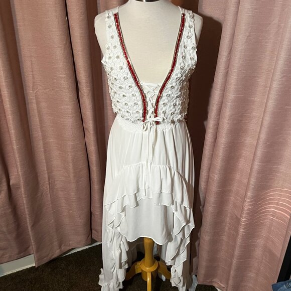Monaco Boho-Style White M Maxi Dress Pearl Lace High-Low Corset Made in France - Picture 7 of 16